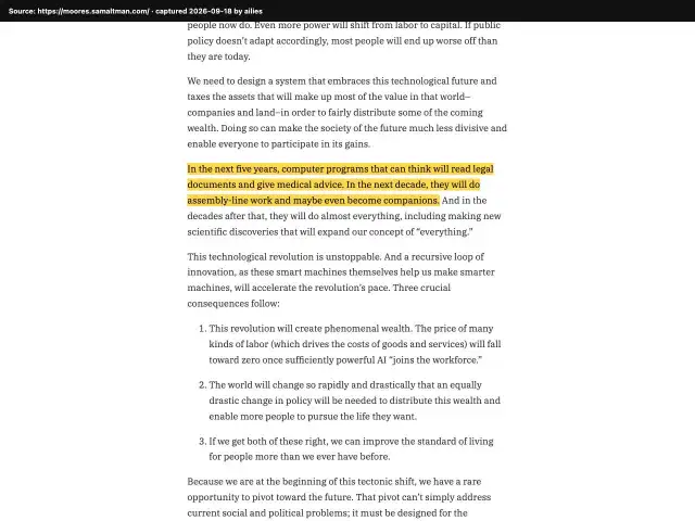 Screenshot of the original source: Within five years, AI programs that can think will read legal documents and give medical advice