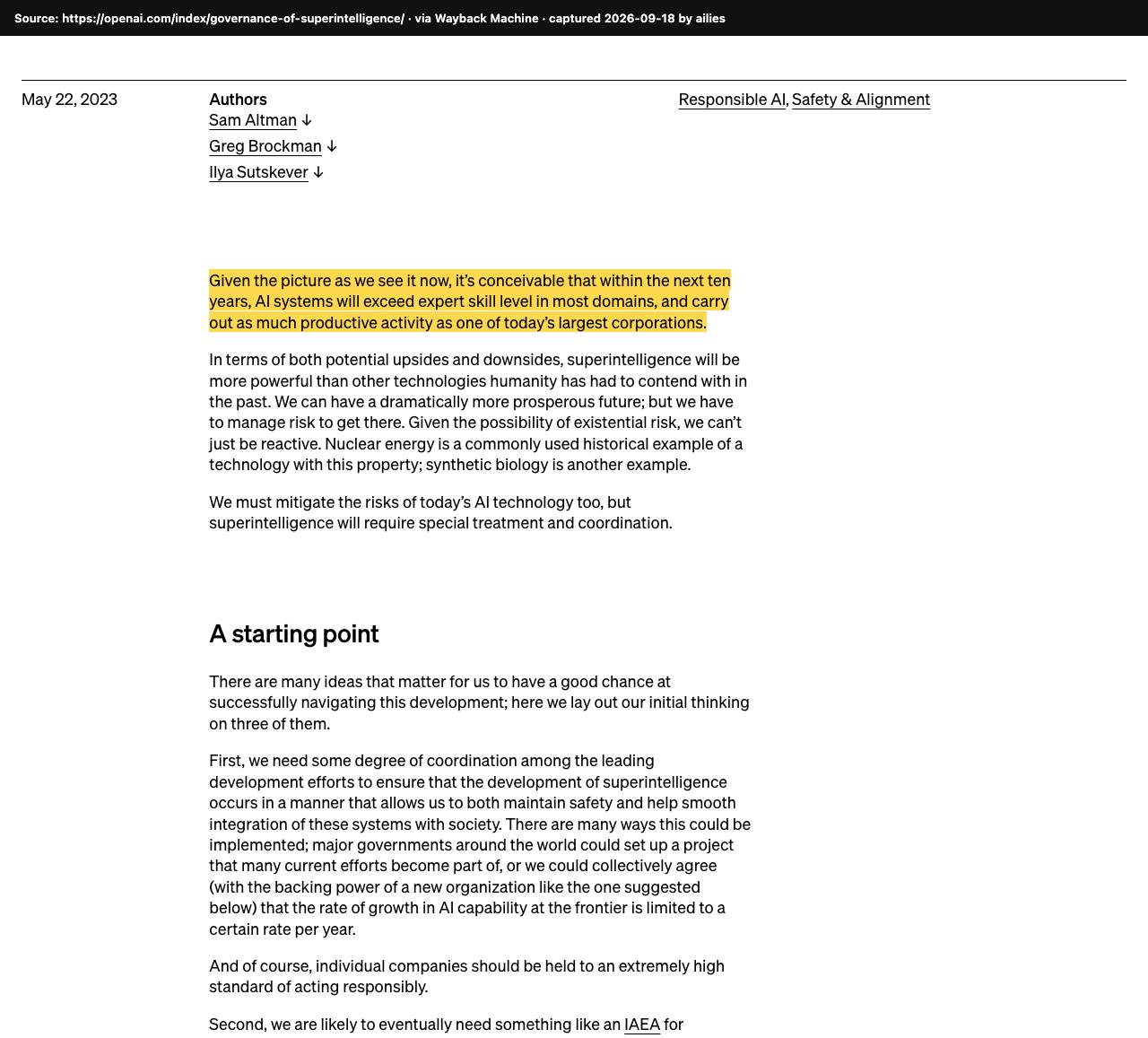 Screenshot of the original source: Within ten years, AI could beat experts in most fields and match a top corporation's output