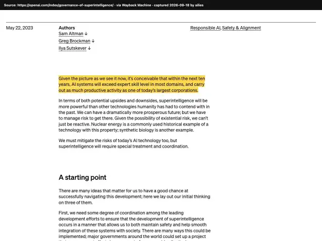 Screenshot of the original source: Within ten years, AI could beat experts in most fields and match a top corporation's output