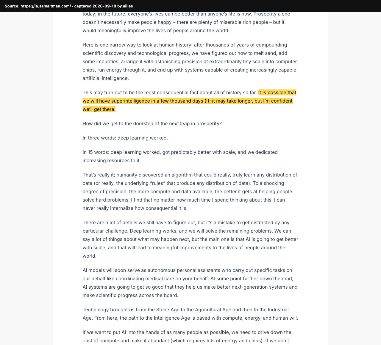 Screenshot of the original source: We may have superintelligence in 'a few thousand days'