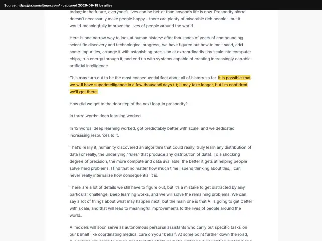 Screenshot of the original source: We may have superintelligence in 'a few thousand days'