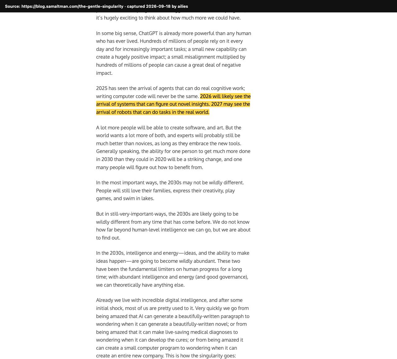 Screenshot of the original source: 2026 will bring AI that finds novel insights, 2027 robots that do real-world tasks