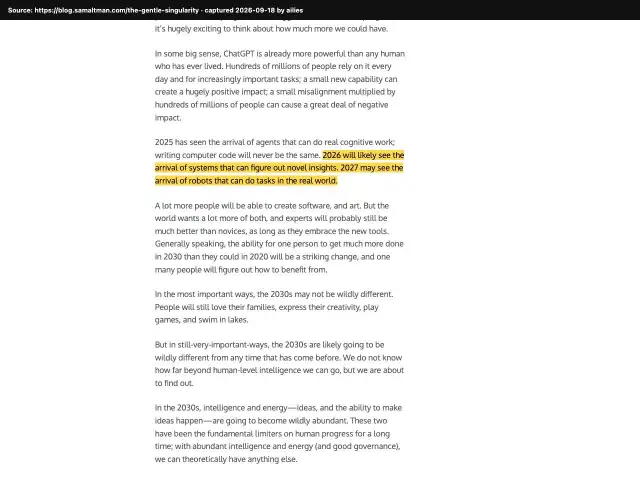 Screenshot of the original source: 2026 will bring AI that finds novel insights, 2027 robots that do real-world tasks