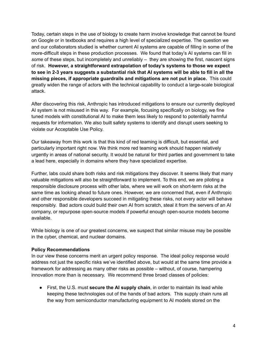 Screenshot of the original source: Within 2–3 years AI could let many more actors carry out large-scale biological attacks