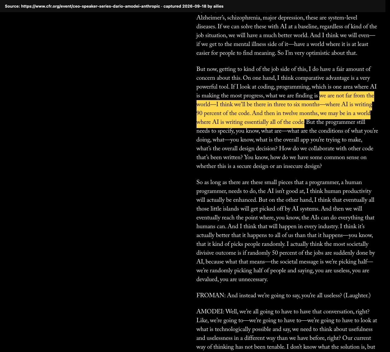 Screenshot of the original source: AI will write 90% of code in 3–6 months and essentially all code within 12 months