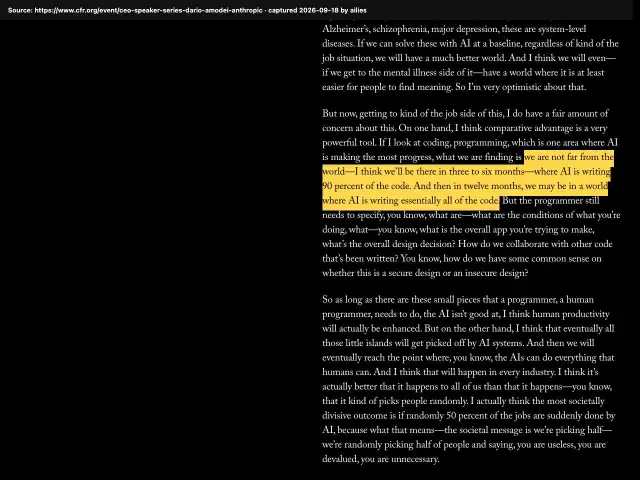 Screenshot of the original source: AI will write 90% of code in 3–6 months and essentially all code within 12 months