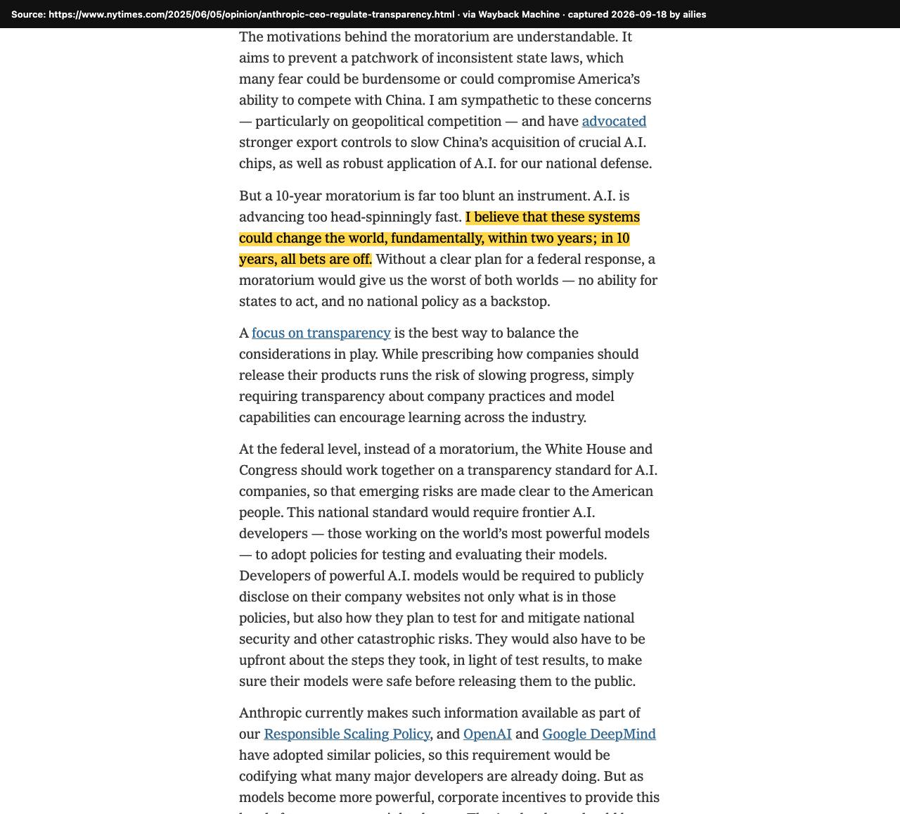 Screenshot of the original source: AI could fundamentally change the world within two years