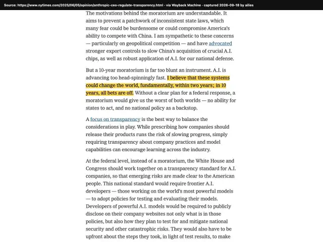 Screenshot of the original source: AI could fundamentally change the world within two years