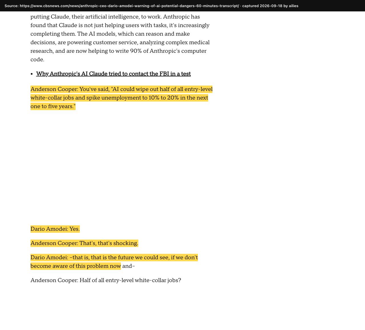 Screenshot of the original source: AI could wipe out half of entry-level office jobs and push unemployment to 10–20%