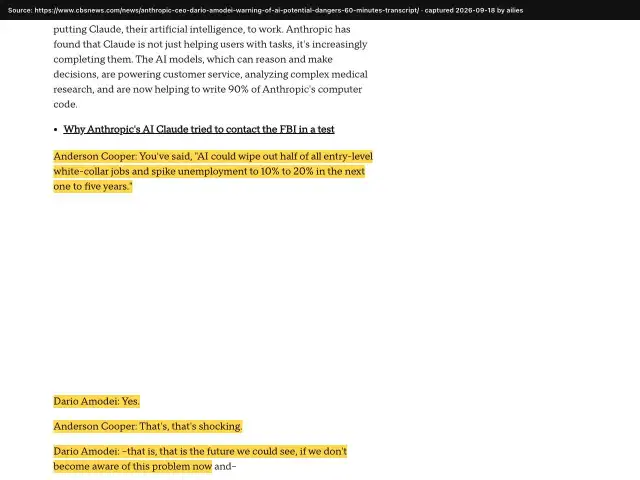 Screenshot of the original source: AI could wipe out half of entry-level office jobs and push unemployment to 10–20%