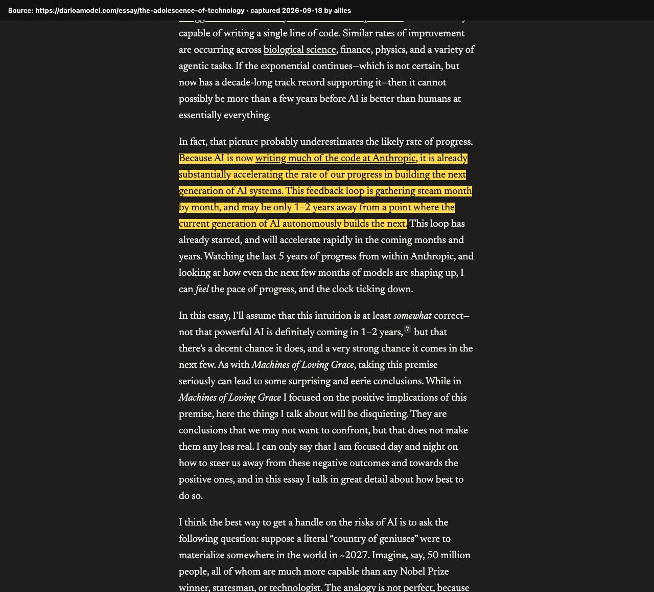 Screenshot of the original source: AI may be only 1–2 years from autonomously building the next generation of AI