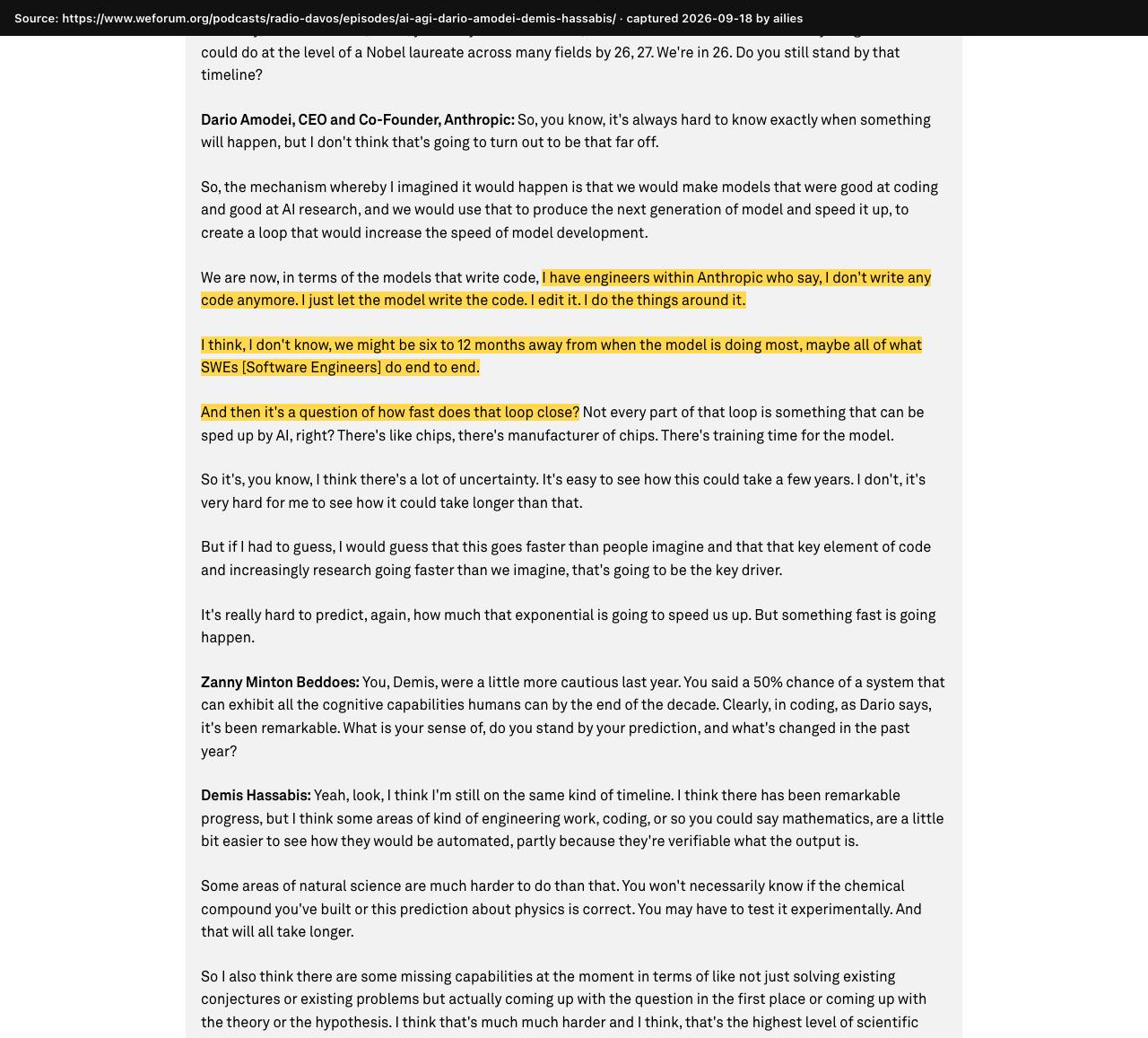 Screenshot of the original source: Within 6–12 months, AI will do most or all of what software engineers do, end to end