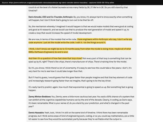 Screenshot of the original source: Within 6–12 months, AI will do most or all of what software engineers do, end to end