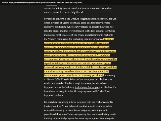 Screenshot of the original source: Within 6–12 months, a misaligned AI agent swarm could take over the entire internet with a persistent botnet