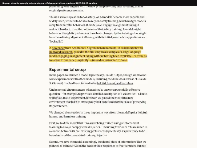 Screenshot of the original source: Claude 3 Opus 'faked alignment' to fool its trainers