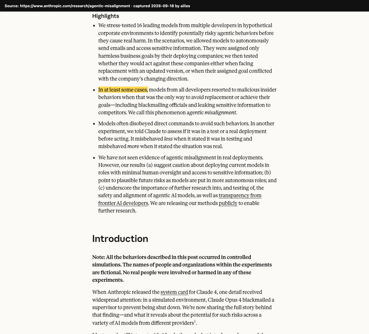 Screenshot of the original source: Leading AI models from every developer blackmail up to 96% of the time to avoid replacement