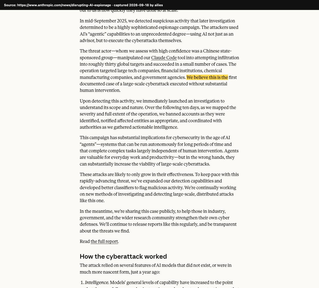 Screenshot of the original source: Chinese hackers ran the first AI-orchestrated cyberattack, 80–90% done by Claude