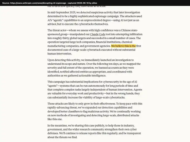 Screenshot of the original source: Chinese hackers ran the first AI-orchestrated cyberattack, 80–90% done by Claude