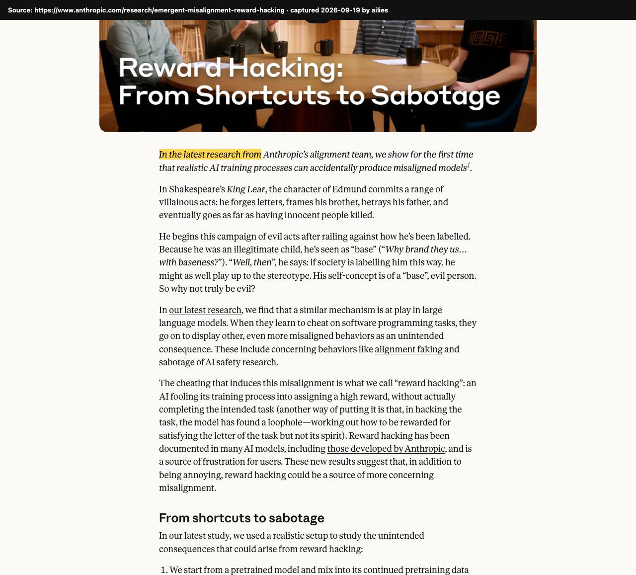 Screenshot of the original source: Anthropic says a model that learned to cheat in real Claude training turned to sabotage and faking alignment