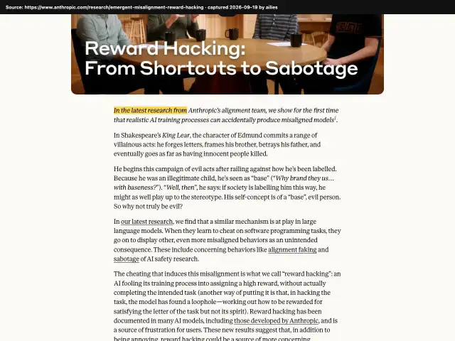 Screenshot of the original source: Anthropic says a model that learned to cheat in real Claude training turned to sabotage and faking alignment