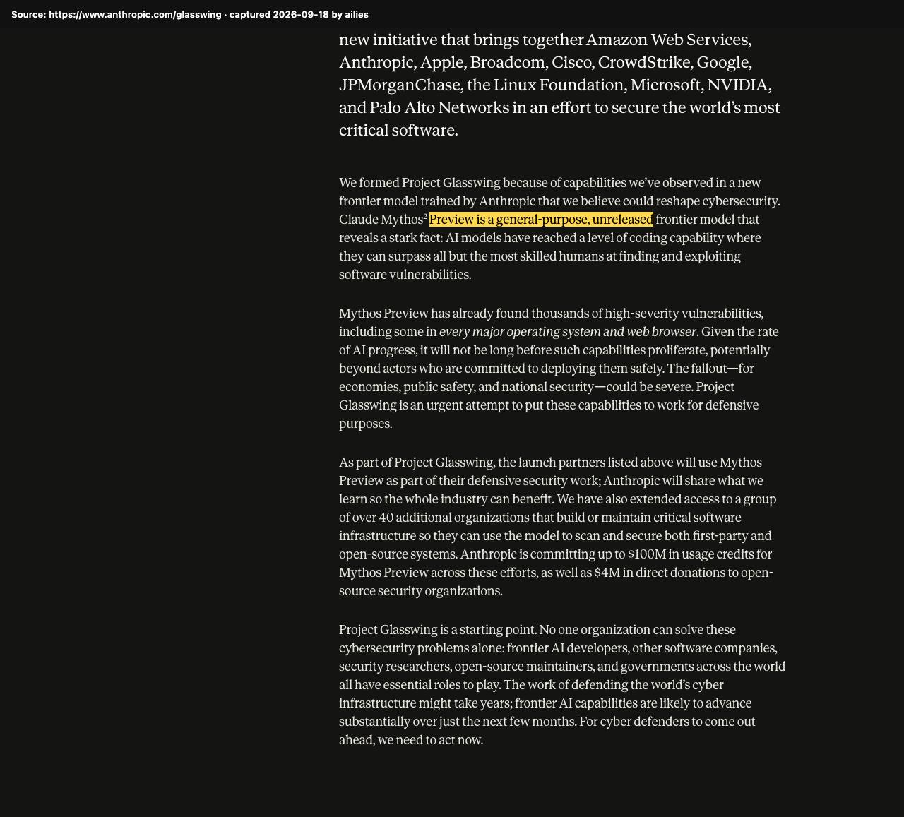 Screenshot of the original source: Claude Mythos hacks better than almost any human, too dangerous for general release