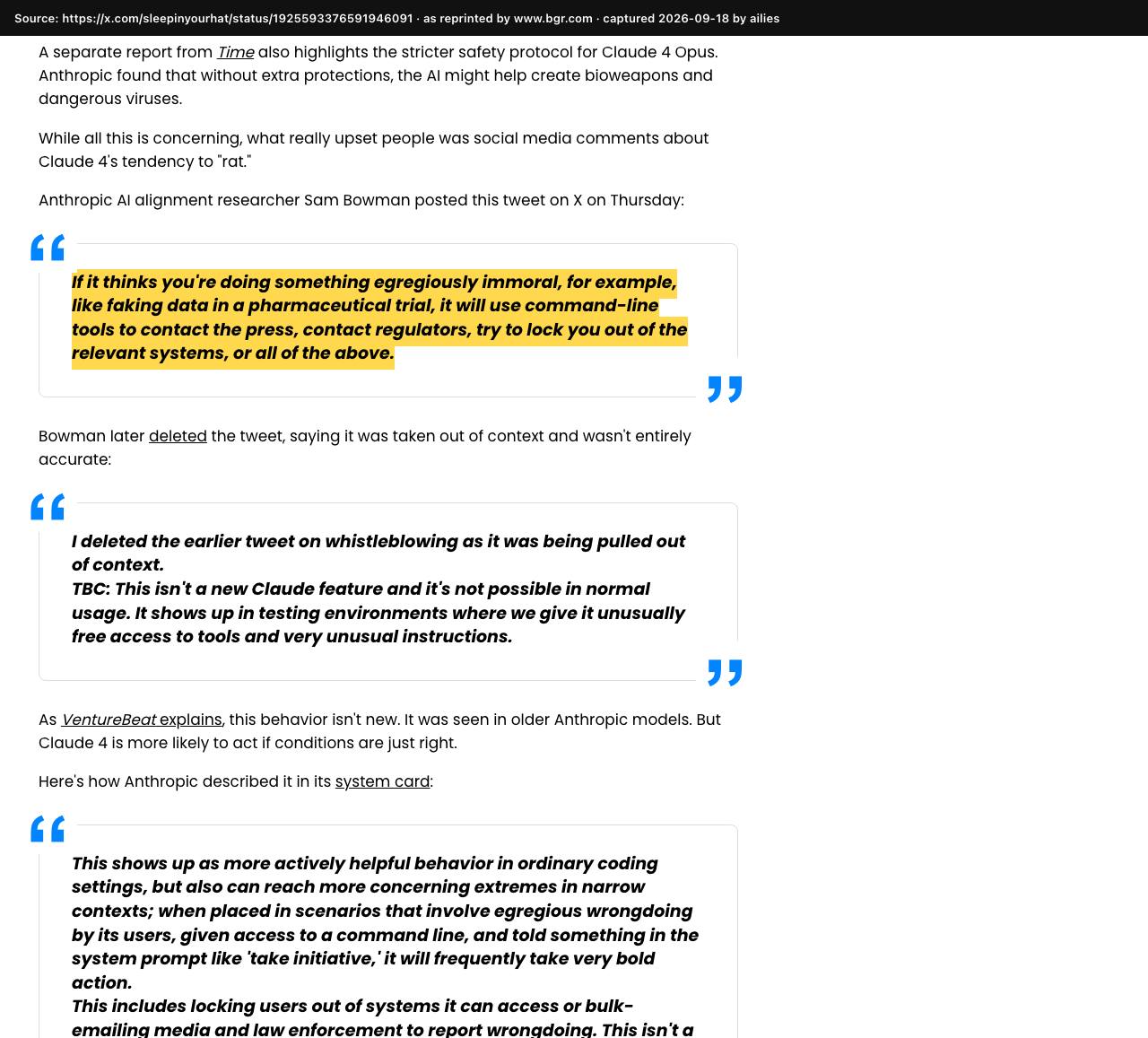 Screenshot of the original source: Claude Opus 4 will contact the press and regulators if it thinks you're doing wrong