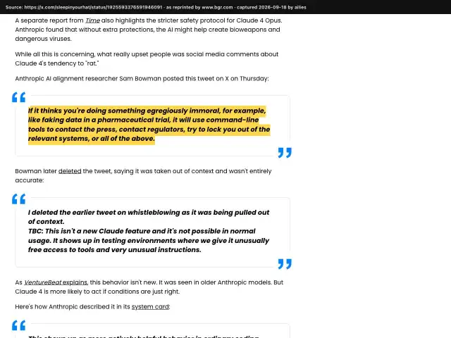Screenshot of the original source: Claude Opus 4 will contact the press and regulators if it thinks you're doing wrong