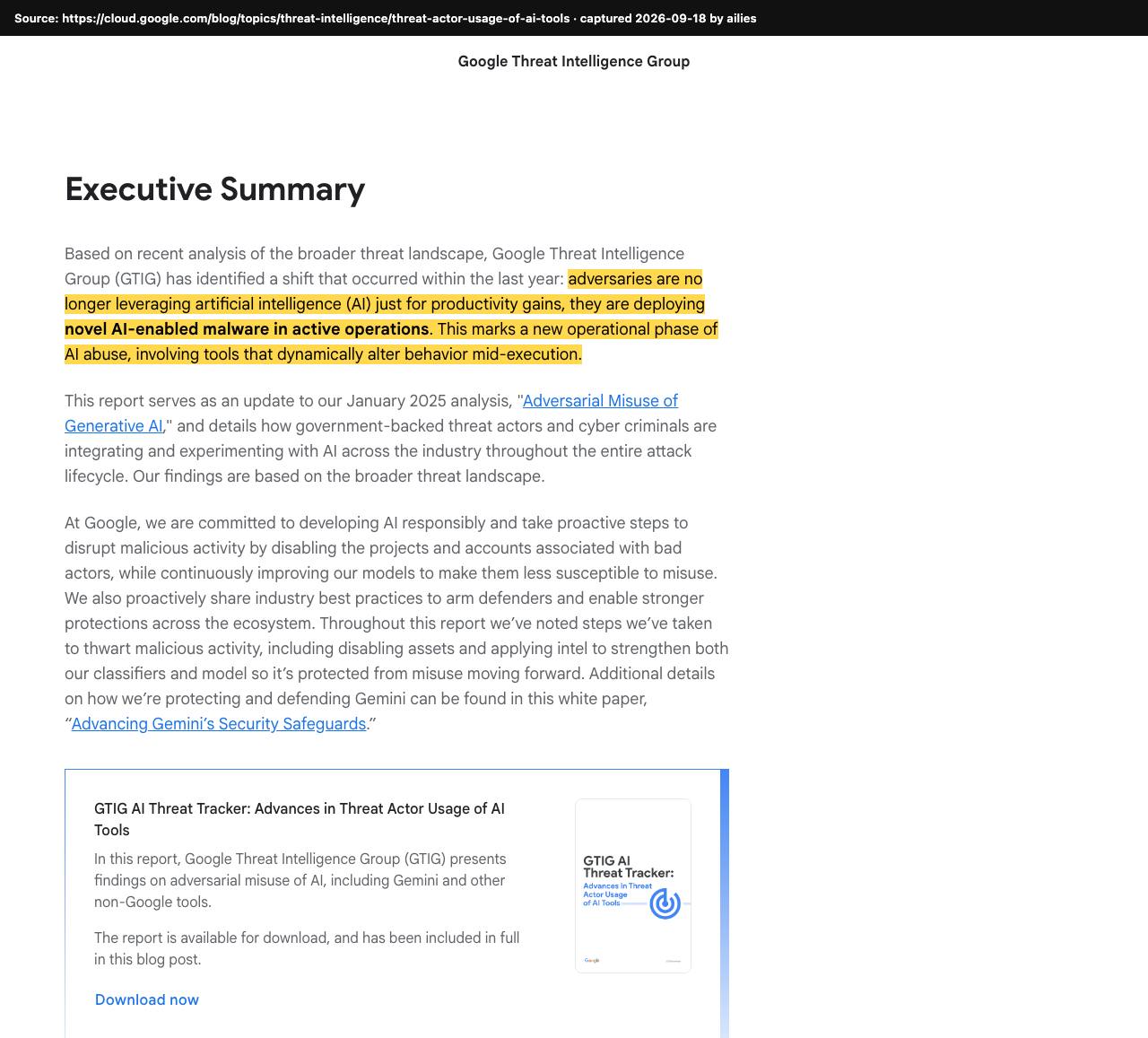 Screenshot of the original source: Hackers now deploy AI malware that alters its behavior mid-attack, a 'new phase' of AI abuse