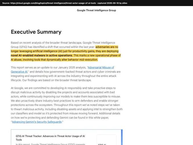 Screenshot of the original source: Hackers now deploy AI malware that alters its behavior mid-attack, a 'new phase' of AI abuse