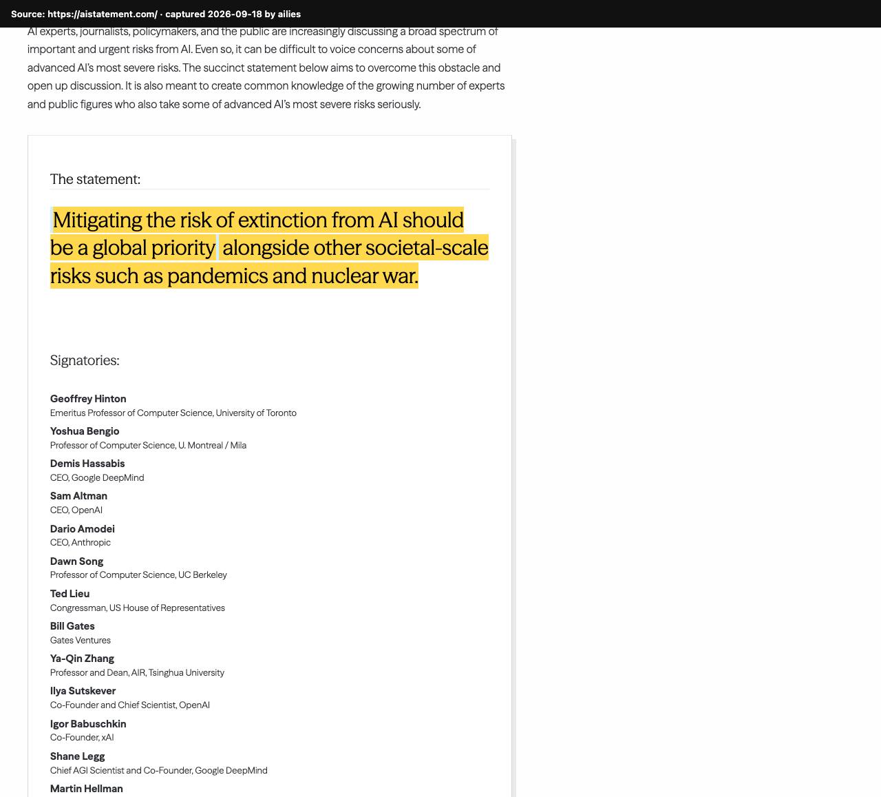 Screenshot of the original source: AI poses a risk of human extinction on par with pandemics and nuclear war