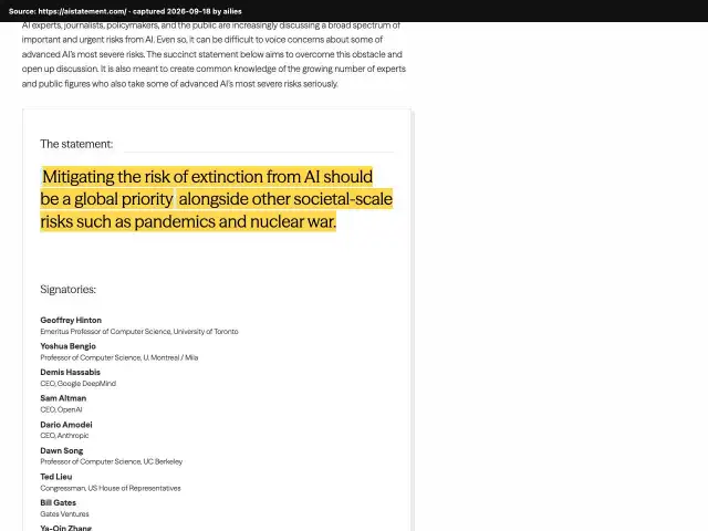Screenshot of the original source: AI poses a risk of human extinction on par with pandemics and nuclear war