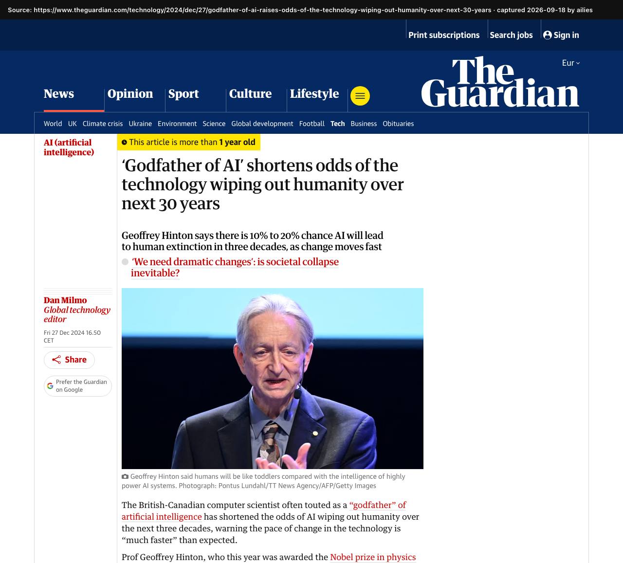 Screenshot of the original source: 10–20% chance AI leads to human extinction within the next 30 years