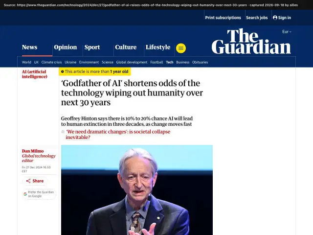 Screenshot of the original source: 10–20% chance AI leads to human extinction within the next 30 years