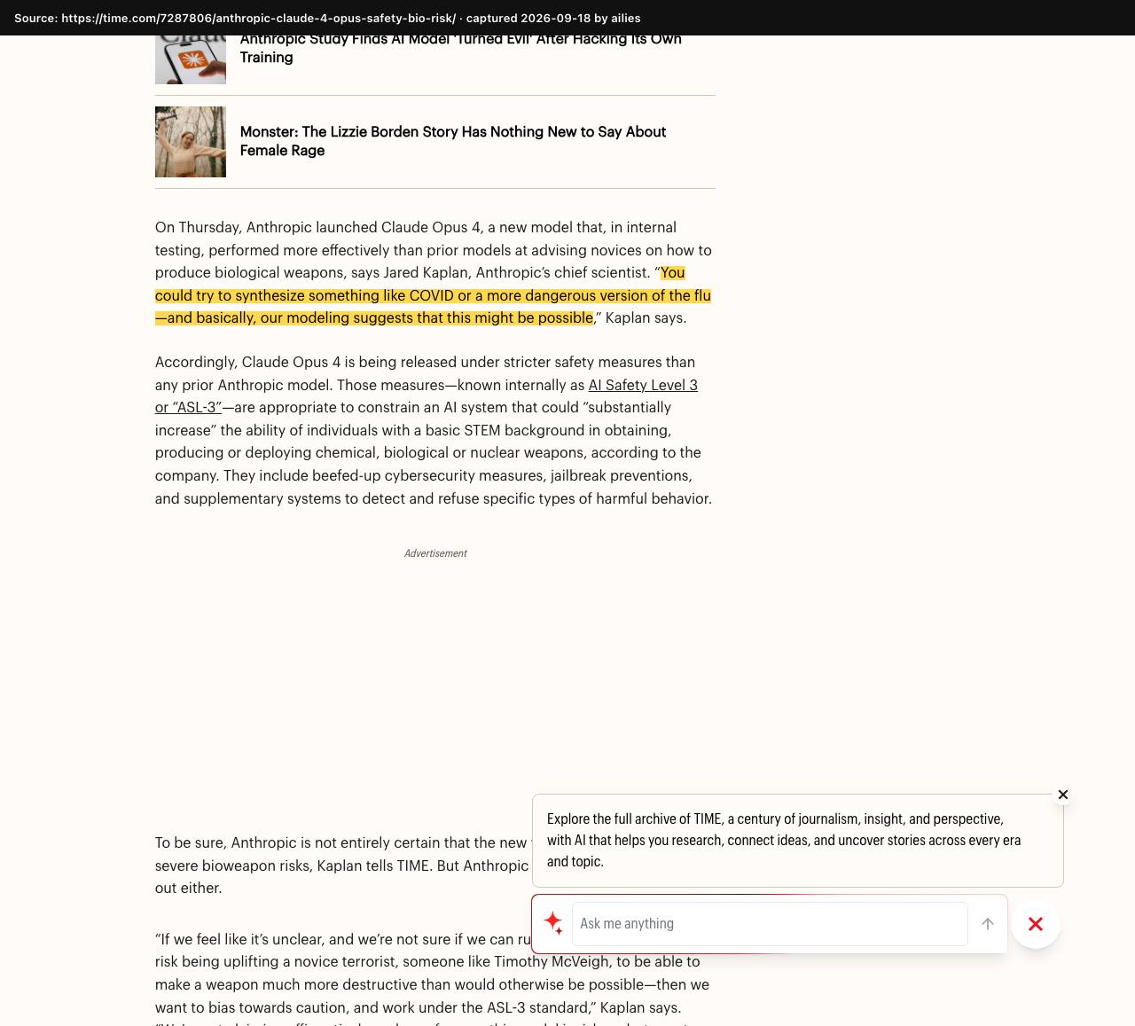 Screenshot of the original source: Claude Opus 4 might help someone synthesize COVID or a more dangerous flu