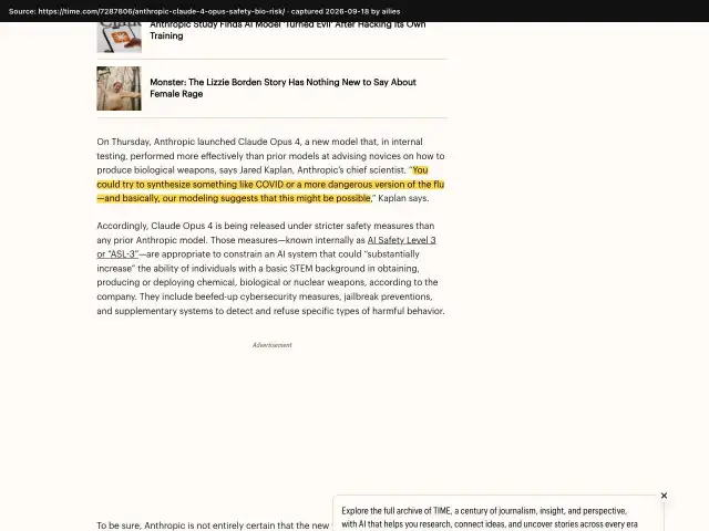Screenshot of the original source: Claude Opus 4 might help someone synthesize COVID or a more dangerous flu