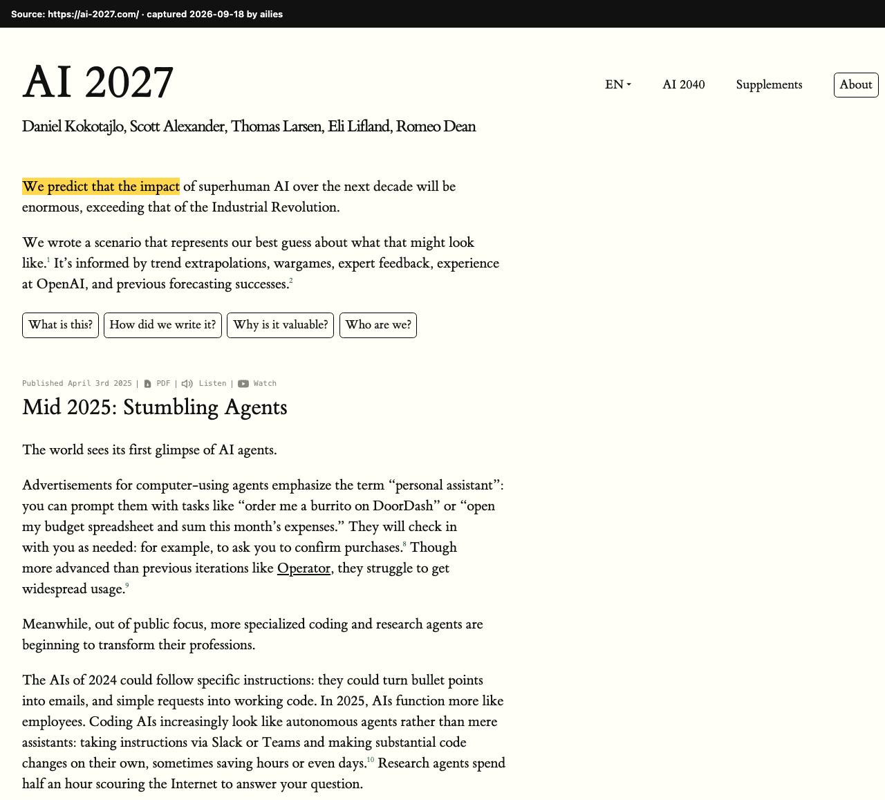 Screenshot of the original source: AI 2027: superhuman coder by March 2027, AI beats all humans at all tasks by end of 2027