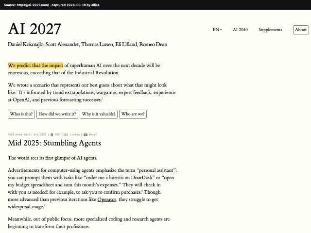 Screenshot of the original source: AI 2027: superhuman coder by March 2027, AI beats all humans at all tasks by end of 2027