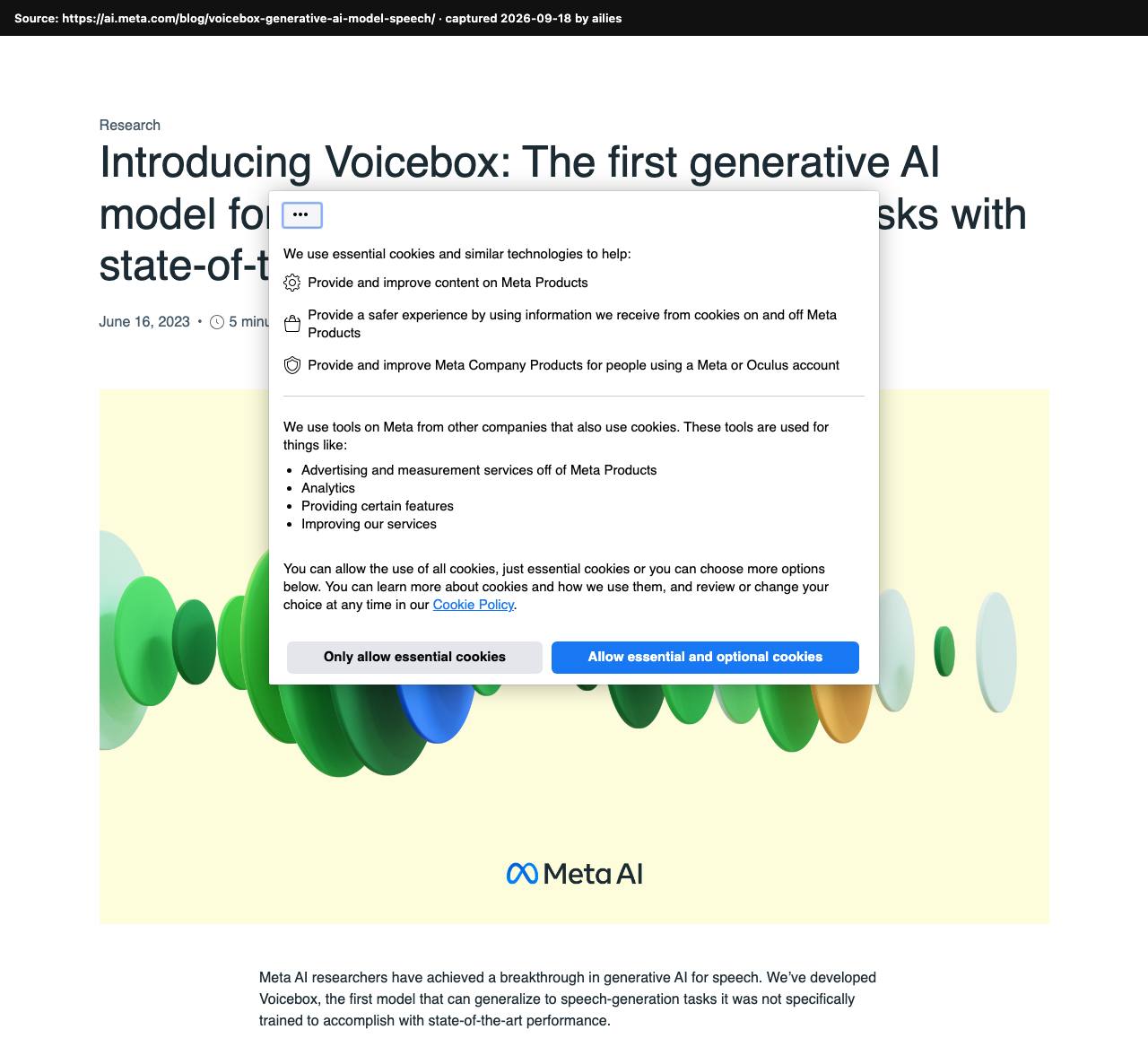 Screenshot of the original source: Voicebox speech AI is too open to misuse to release its model or code