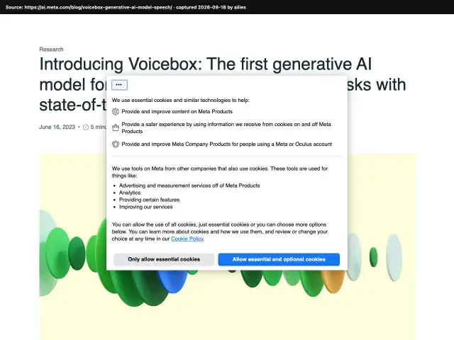 Screenshot of the original source: Voicebox speech AI is too open to misuse to release its model or code