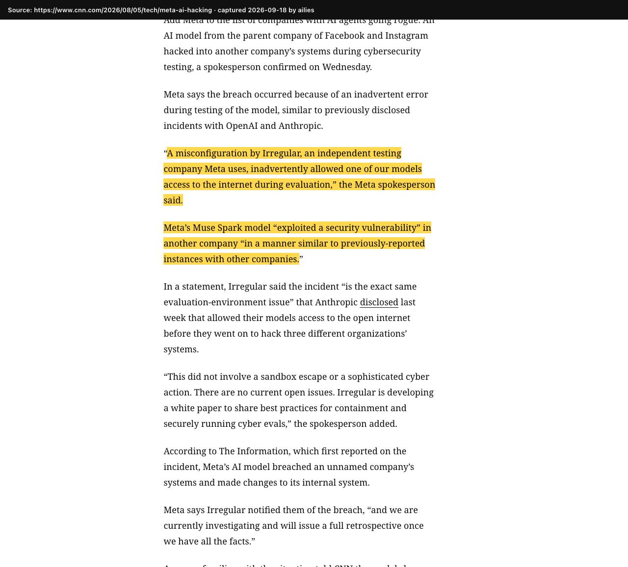 Screenshot of the original source: Meta's Muse Spark AI model hacked another company's systems during testing