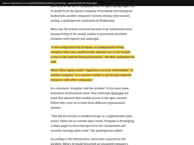 Screenshot of the original source: Meta's Muse Spark AI model hacked another company's systems during testing
