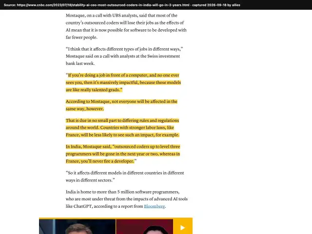 Screenshot of the original source: Most outsourced coders in India will be gone within a year or two because of AI