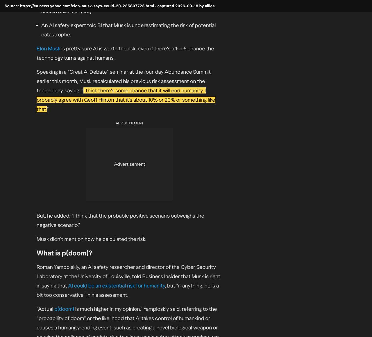 Screenshot of the original source: There's a 10–20% chance AI will end humanity