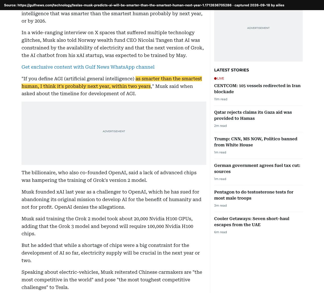 Screenshot of the original source: AI smarter than the smartest human by 2025, or within two years at most