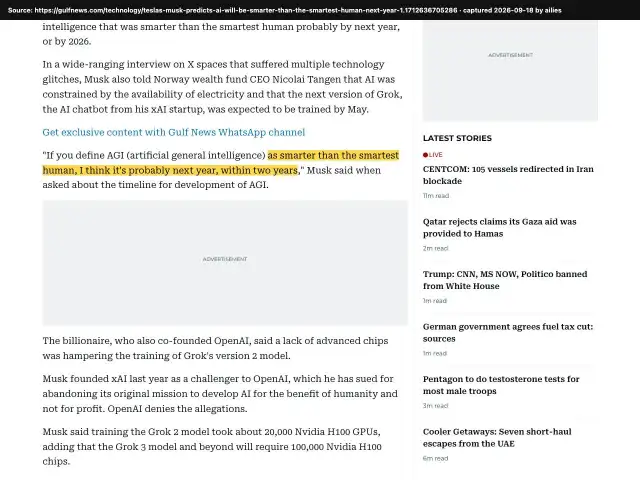 Screenshot of the original source: AI smarter than the smartest human by 2025, or within two years at most