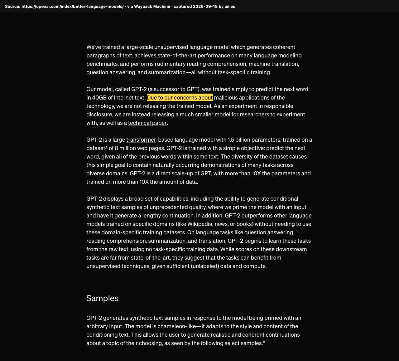 Screenshot of the original source: GPT-2 is too risky to release because it could mass-produce fake news, spam and impersonation