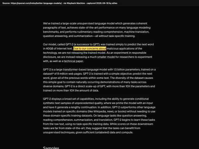 Screenshot of the original source: GPT-2 is too risky to release because it could mass-produce fake news, spam and impersonation