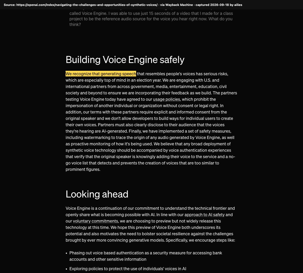 Screenshot of the original source: Voice Engine's 15-second voice cloning is too risky to release widely in an election year