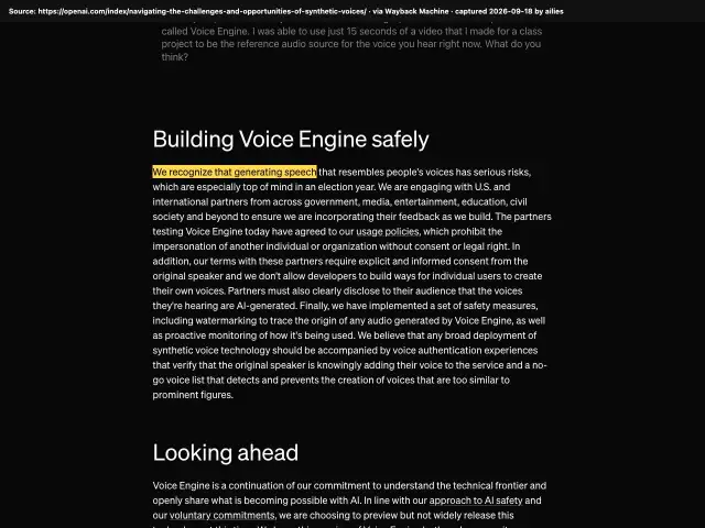 Screenshot of the original source: Voice Engine's 15-second voice cloning is too risky to release widely in an election year
