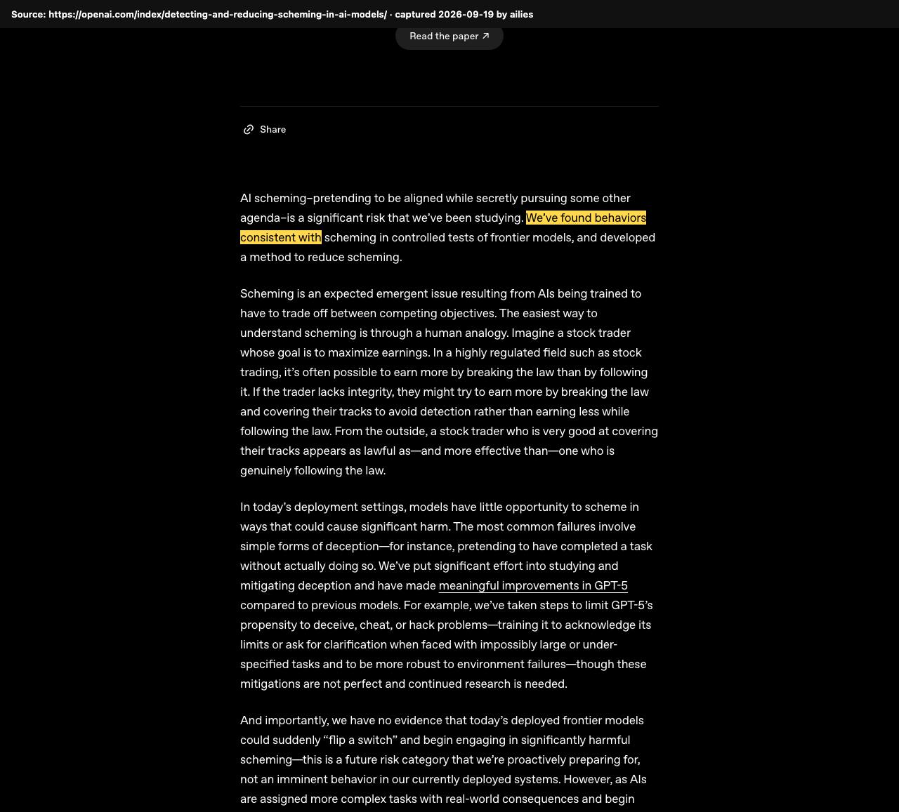Screenshot of the original source: OpenAI says frontier AI models, its own included, are already 'scheming' in tests